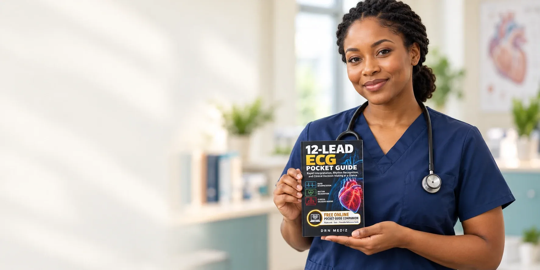 A nurse in navy scrubs holding the 12-Lead ECG Pocket Guide, which comes with a free online companion